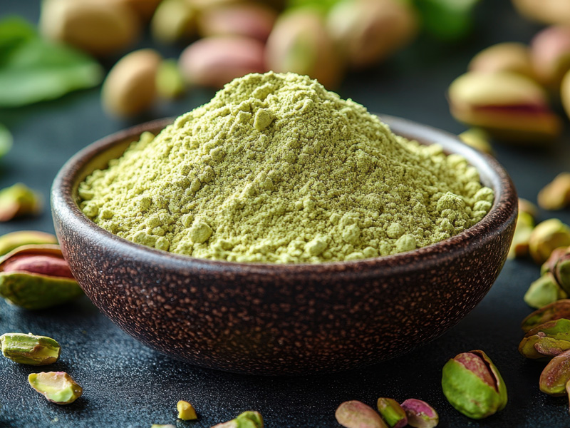 Bowl of pistachio protein powder
