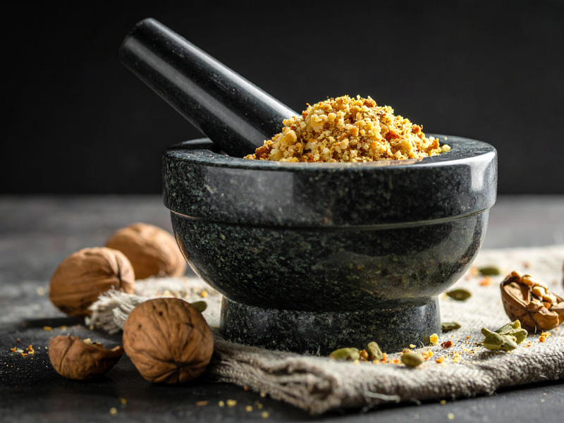 Mortar and pestle containing walnut protein powder